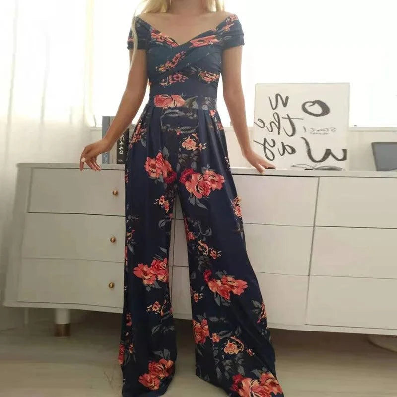 2025 Summer women's fashion temperament trend commuter print wide leg jumpsuit - SMSB 66