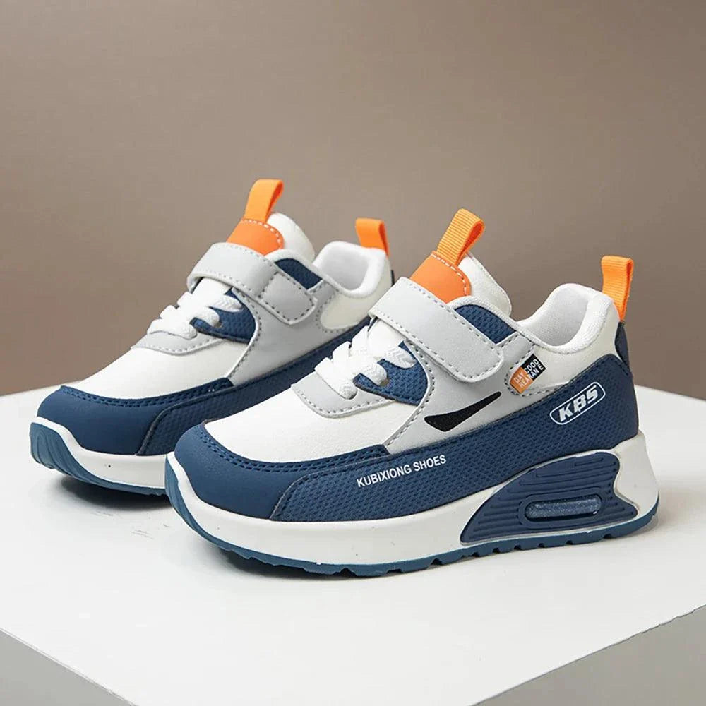 Children's PU leather sport shoes with hook & loop closure, anti-slippery EVA sole, breathable polyester lining, waterproof design, suitable for boys and girls aged 7-13.