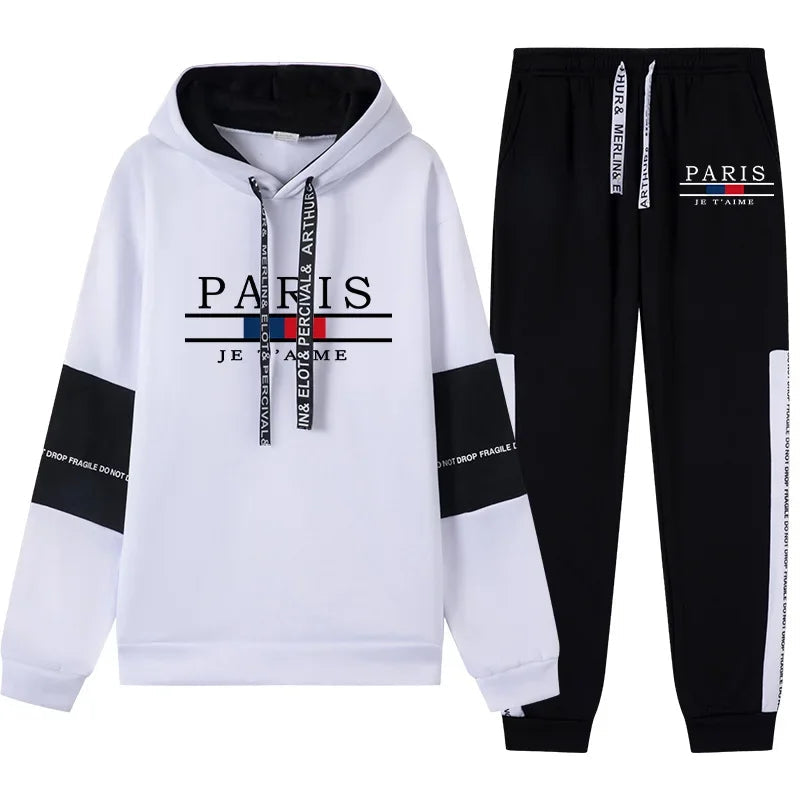 Autumn Winter Men Tracksuit Printing Casual Hooded Sweatshirt+Sweatpants 2 Piece Set Luxury Black White Daily Commuting Clothing - SMSB 66