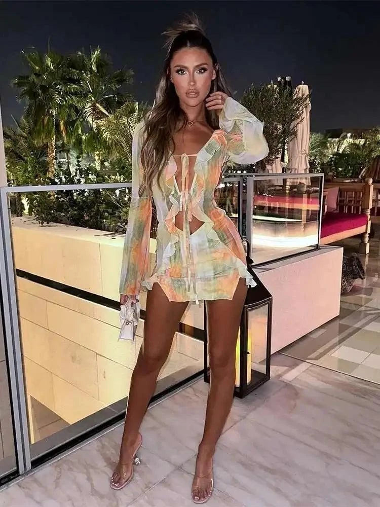 Townlike Sexy 3 Pieces Set Women Long Sleeve Crop Top And Mini Skirts And Bra Slim Three Piece Set 2023 Spring Summer Outfits - SMSB 66