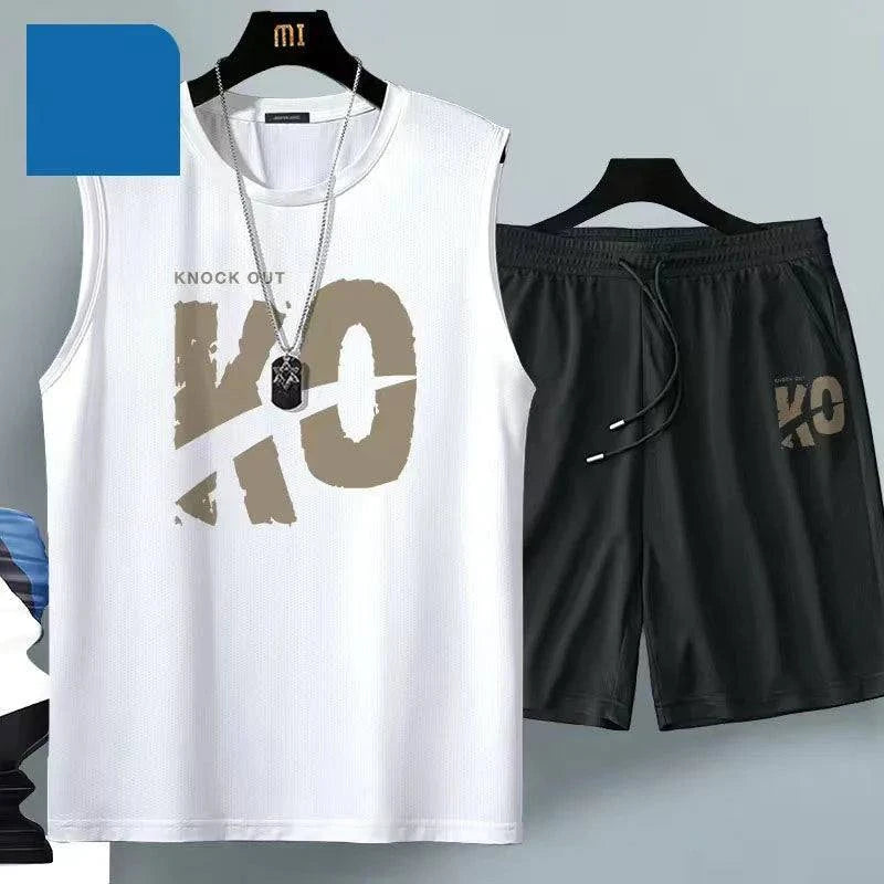 2024 Summer Men Clothing Harajuku Breathable fashion Sportswear Basketball suit casual short-sleeved T-shirt + shorts 2-piece - SMSB 66