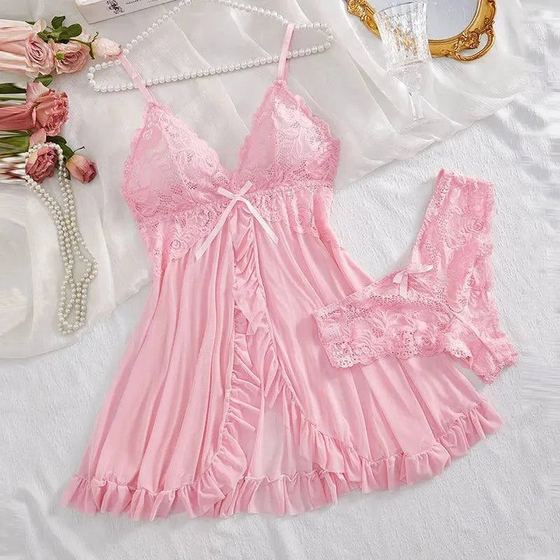 Women Sexy Nightdress Lace Chemise Bow Nightgown Sleepwear Mini Dress Deep V Babydoll Lingerie Sexi Sleepdress Nighty - SMSB 66