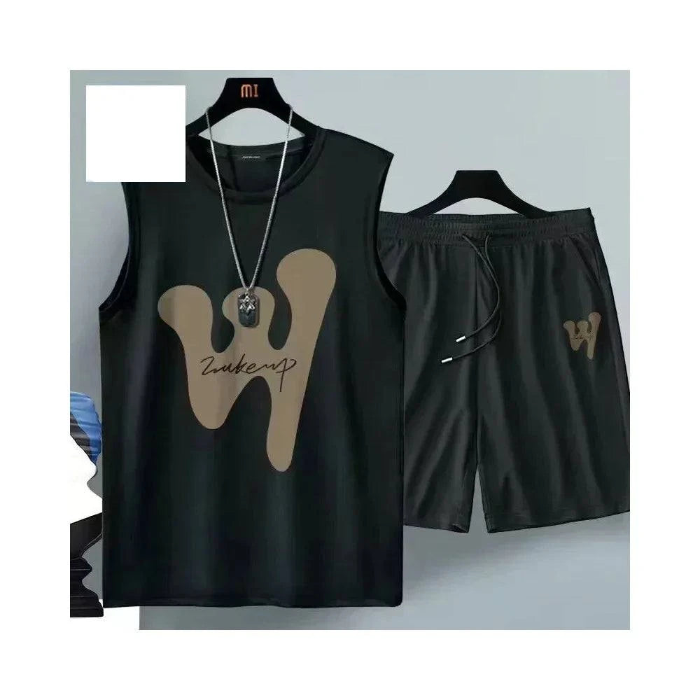 2024 Summer Men Clothing Harajuku Breathable fashion Sportswear Basketball suit casual short-sleeved T-shirt + shorts 2-piece - SMSB 66