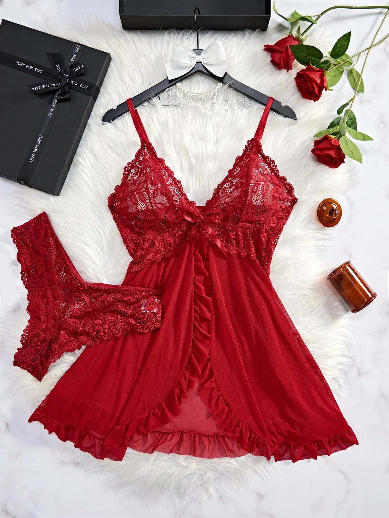 Sexy Lingerie Set Women Erotic Bra Nightdress Sexy Lace Sleepwear Solid Slim Soft Dresses V Neck Full Slip Sleepwear & Dresses - SMSB 66
