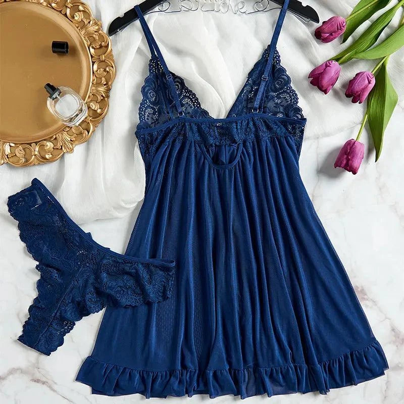 Women Sexy Nightdress Lace Chemise Bow Nightgown Sleepwear Mini Dress Deep V Babydoll Lingerie Sexi Sleepdress Nighty - SMSB 66