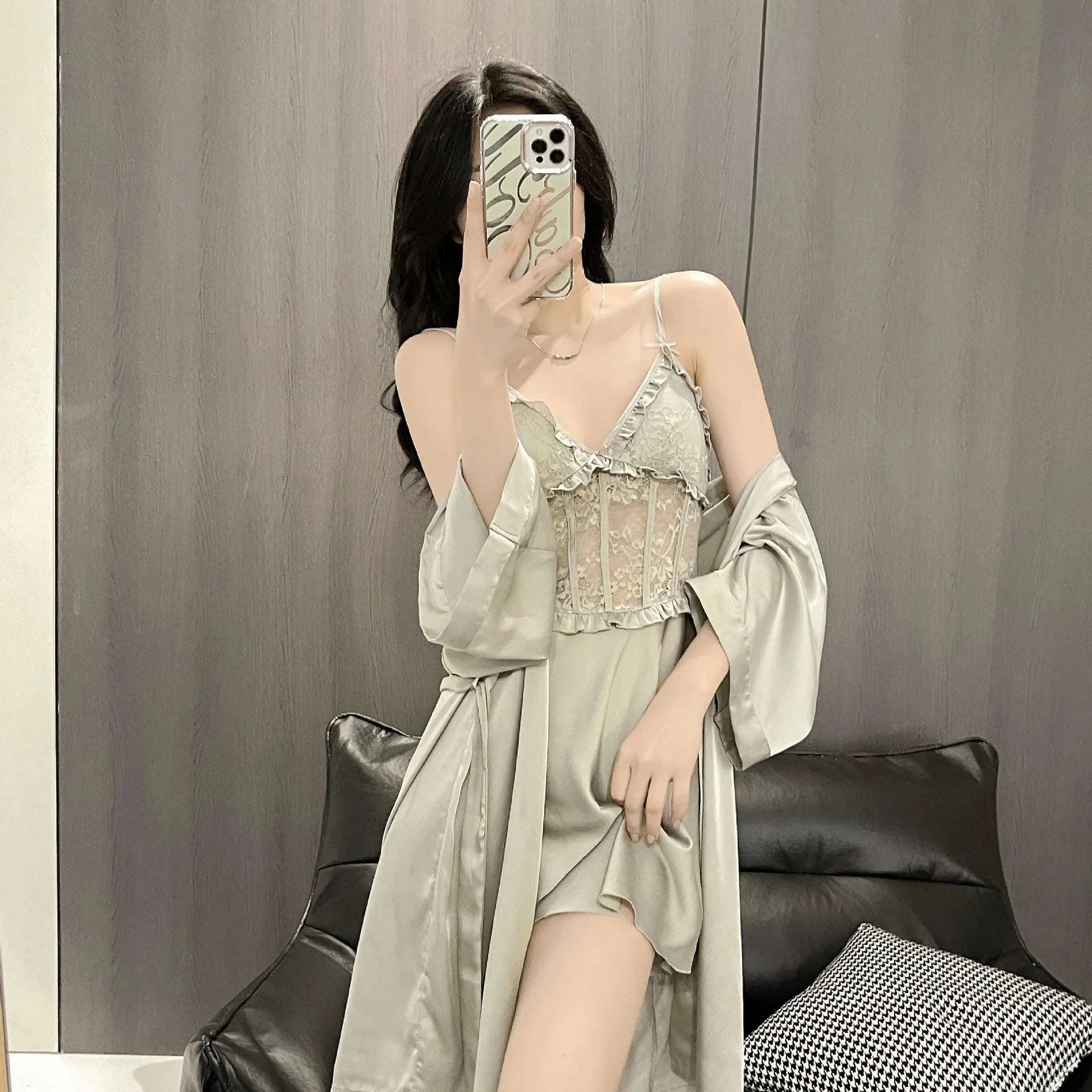 Sexy Sleepwear Women Night Dress Robe Sets Summer Deep V Satin with Chest Pads Lace Dress Home Wear Suits - SMSB 66