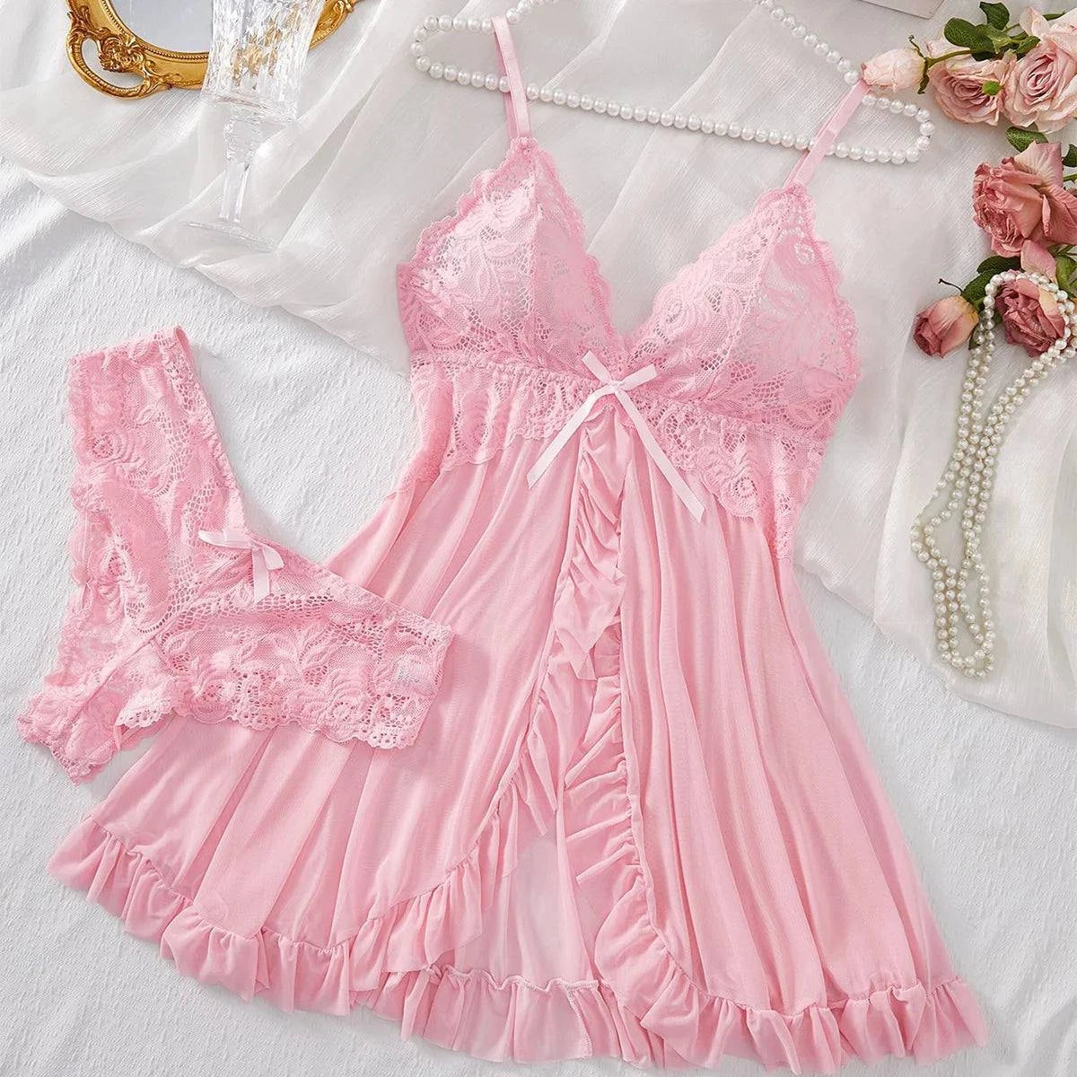 Sexy Lingerie Set Women Erotic Bra Nightdress Sexy Lace Sleepwear Solid Slim Soft Dresses V Neck Full Slip Sleepwear & Dresses - SMSB 66