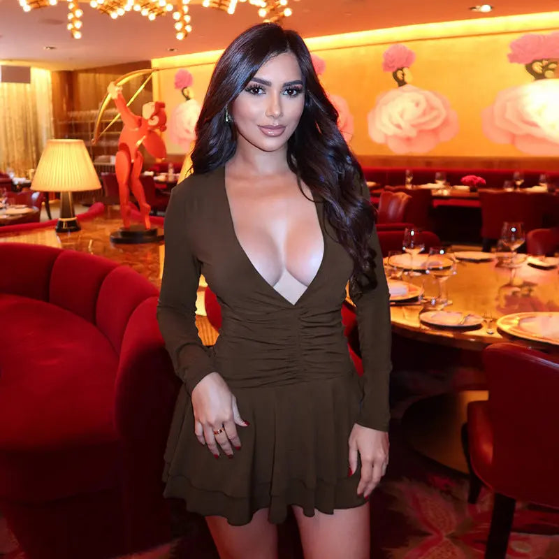 Solid Color Deep V-neck  Fitted Waist  Short  Dress eprolo