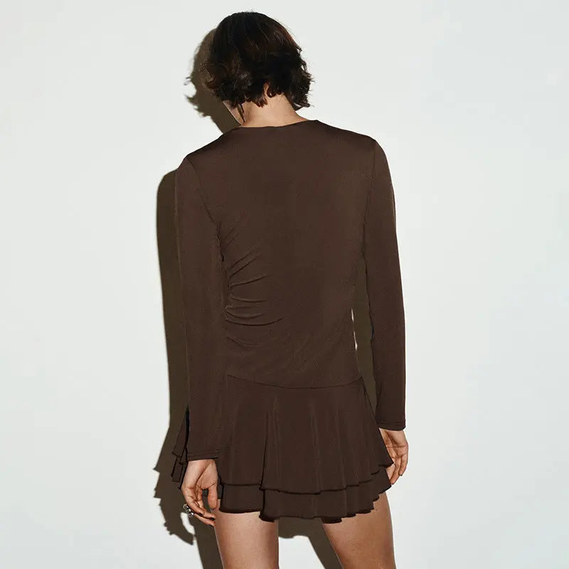 Solid Color Deep V-neck  Fitted Waist  Short  Dress eprolo