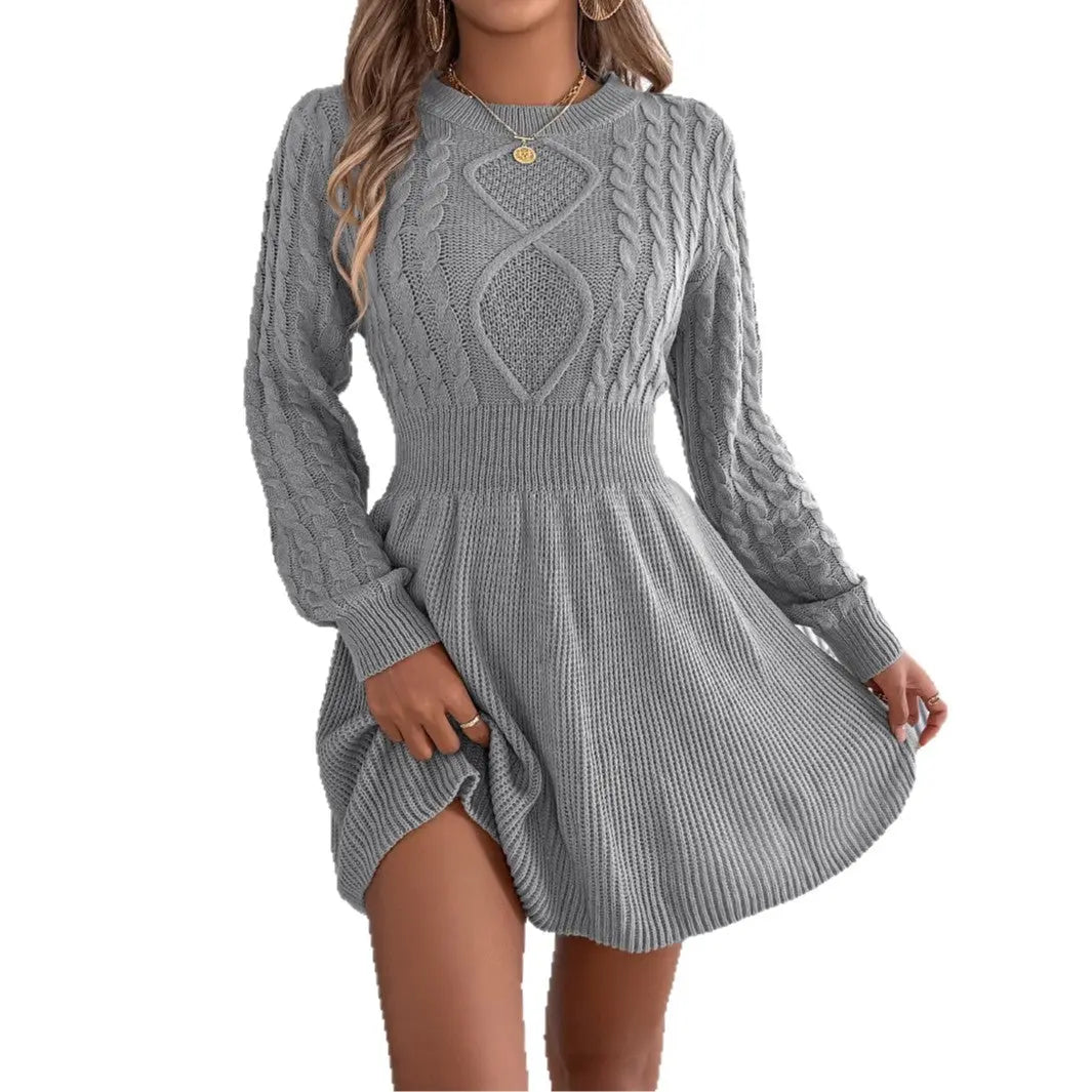 Solid Fried Dough Twists waist lantern long sleeve wool dress A-line skirt - SMSB 66