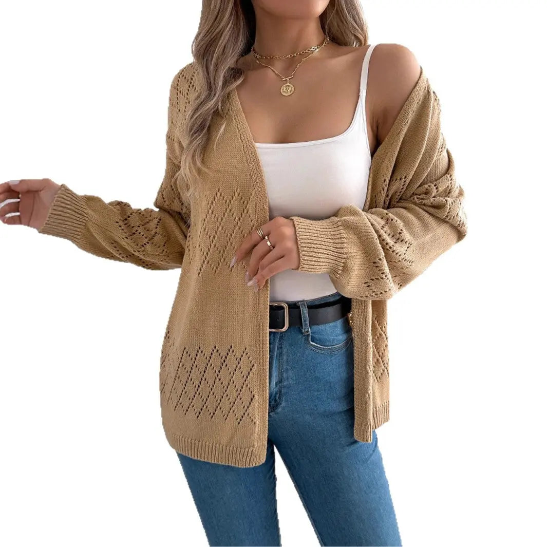 Solid color hollow lantern long sleeved cardigan sweater mid length jacket - SMSB 66