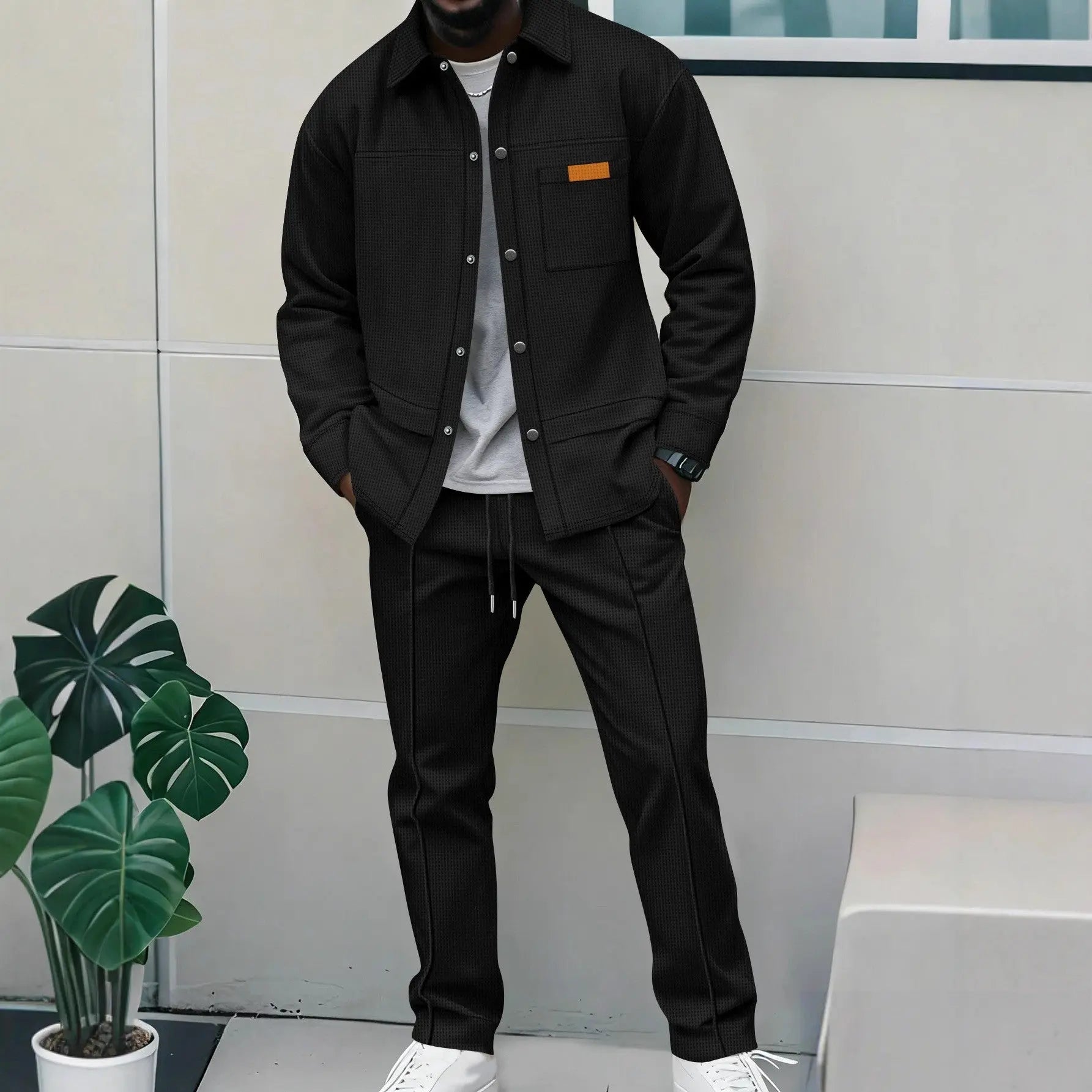 Solid color lapel buckle pocket long sleeved long pants casual jacket set eprolo