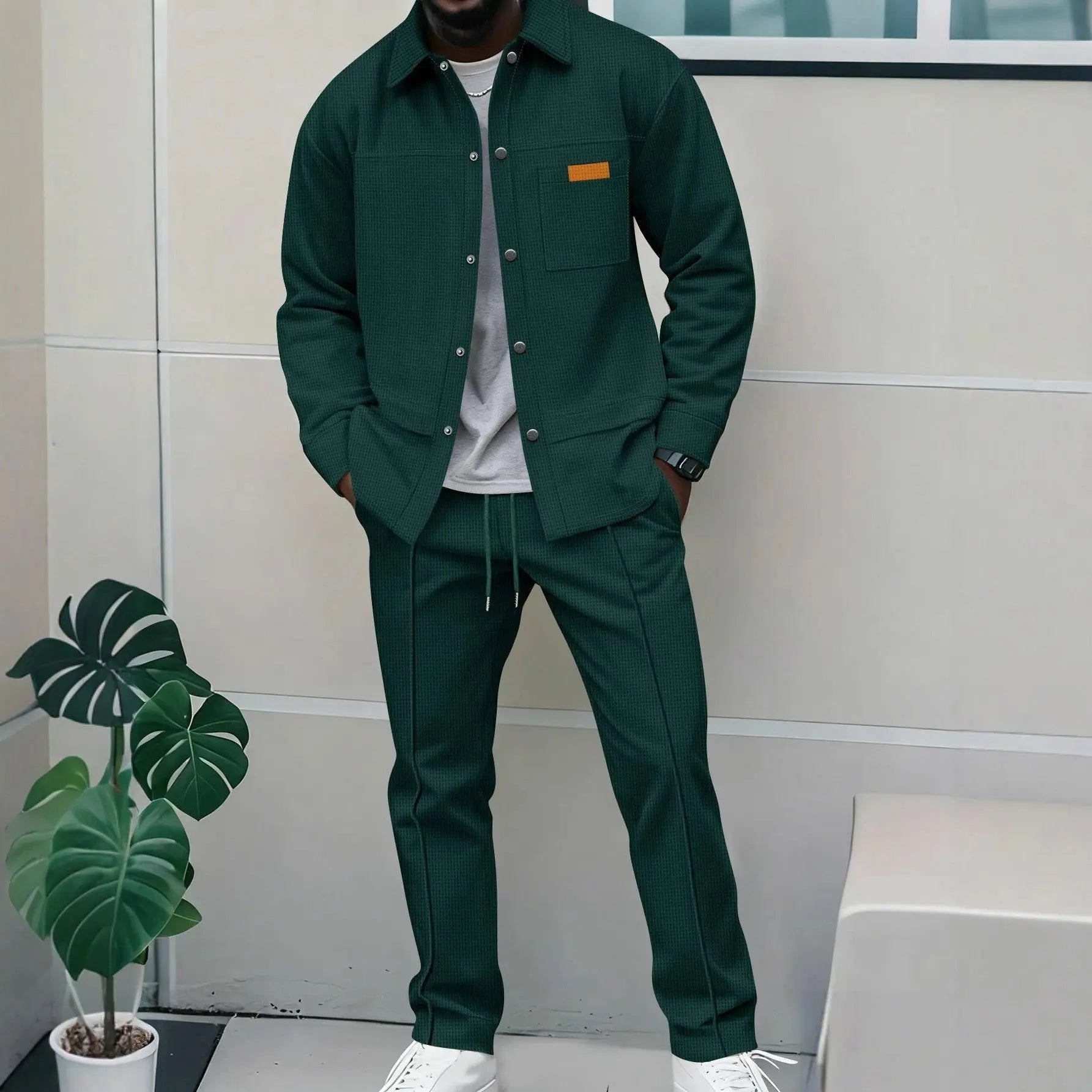 Solid color lapel buckle pocket long sleeved long pants casual jacket set eprolo