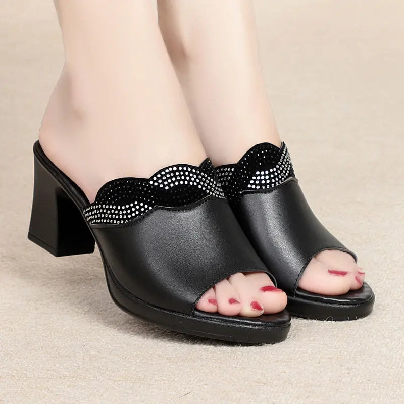 Summer Women's Outdoor Leather Mid-Heel Chunky Heel Comfortable Anti-Slip Soft Sole Large Size Sandals - SMSB 66