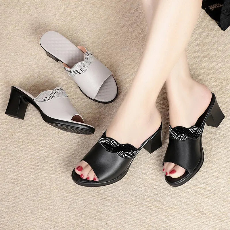 Summer Women's Outdoor Leather Mid-Heel Chunky Heel Comfortable Anti-Slip Soft Sole Large Size Sandals - SMSB 66