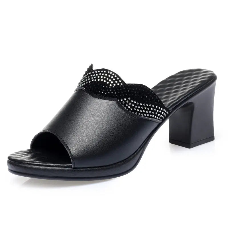 Summer Women's Outdoor Leather Mid-Heel Chunky Heel Comfortable Anti-Slip Soft Sole Large Size Sandals - SMSB 66