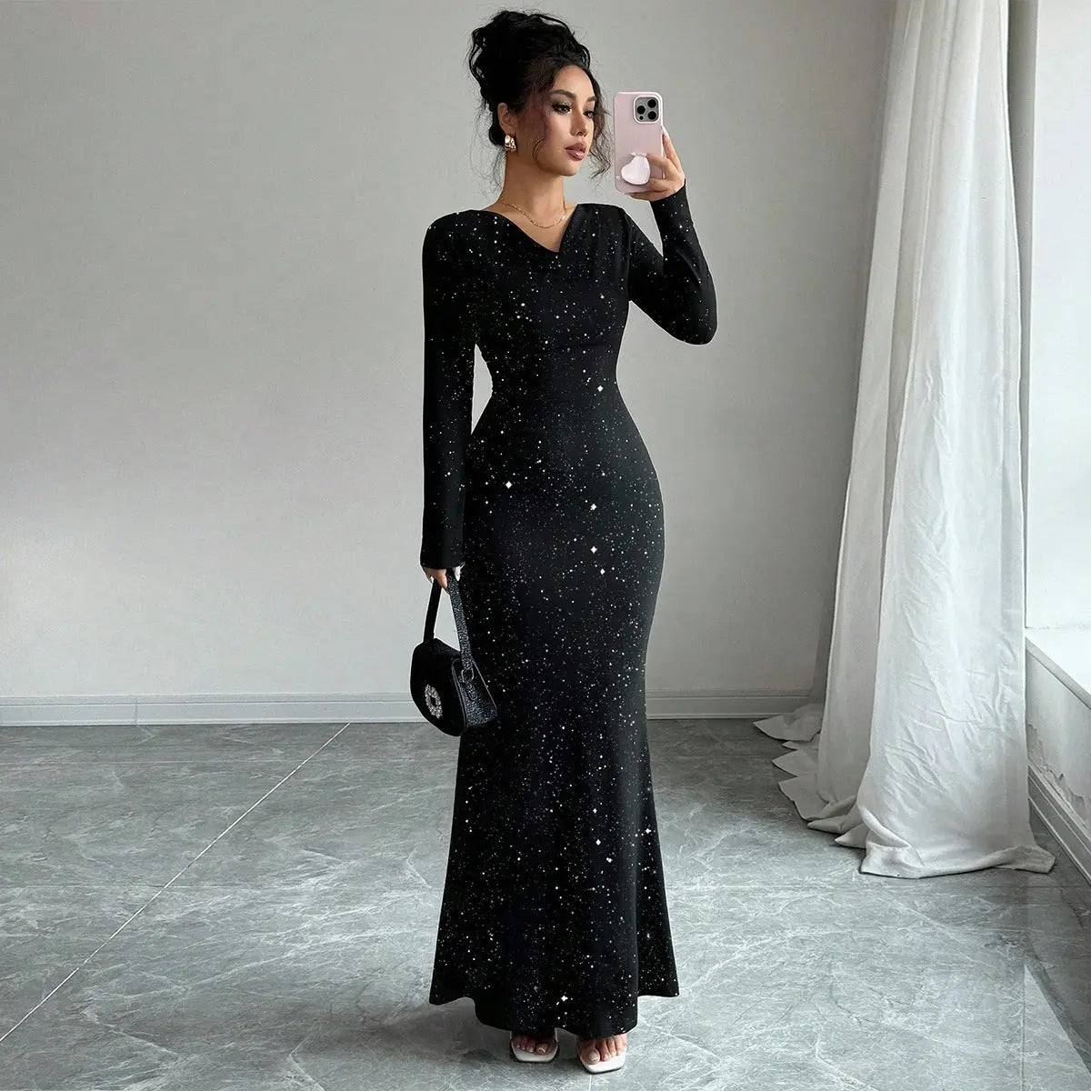 Swing collar hot stamping elastic long sleeved fishtail skirt eprolo