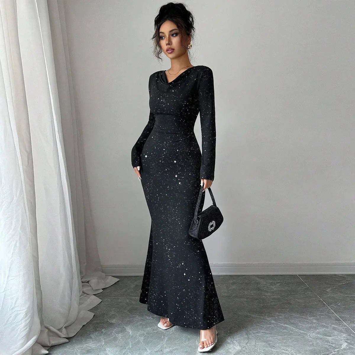 Swing collar hot stamping elastic long sleeved fishtail skirt eprolo