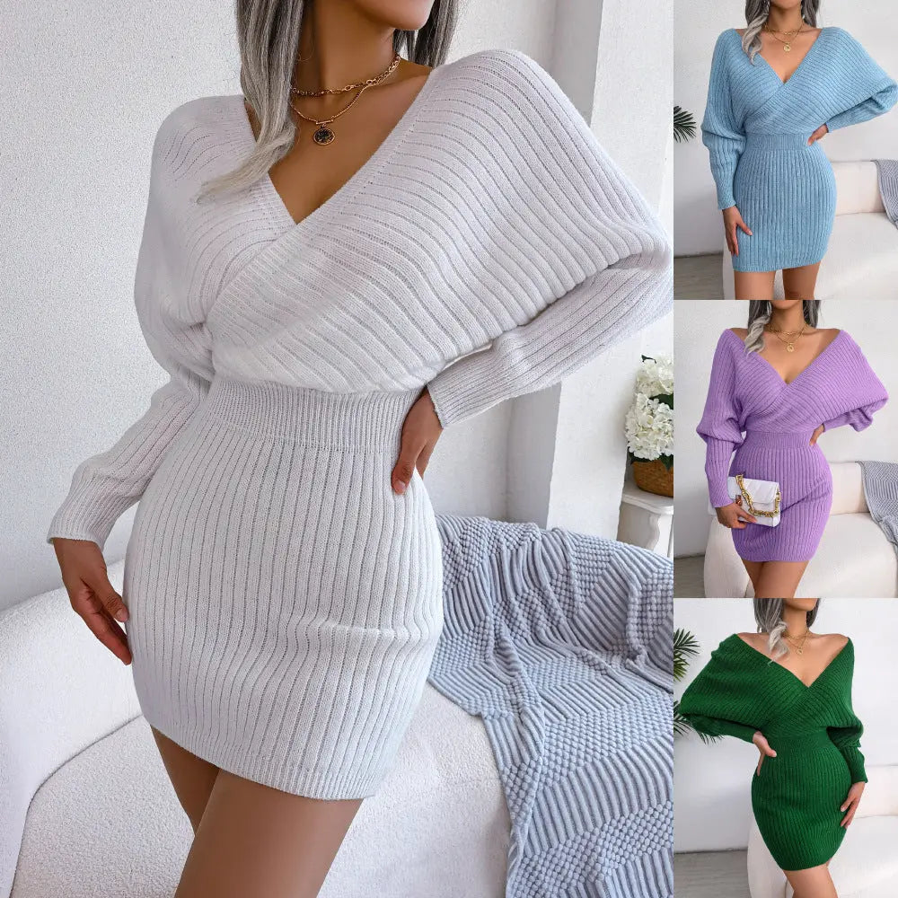 V-neck bat bag buttocks sweater dress - SMSB 66