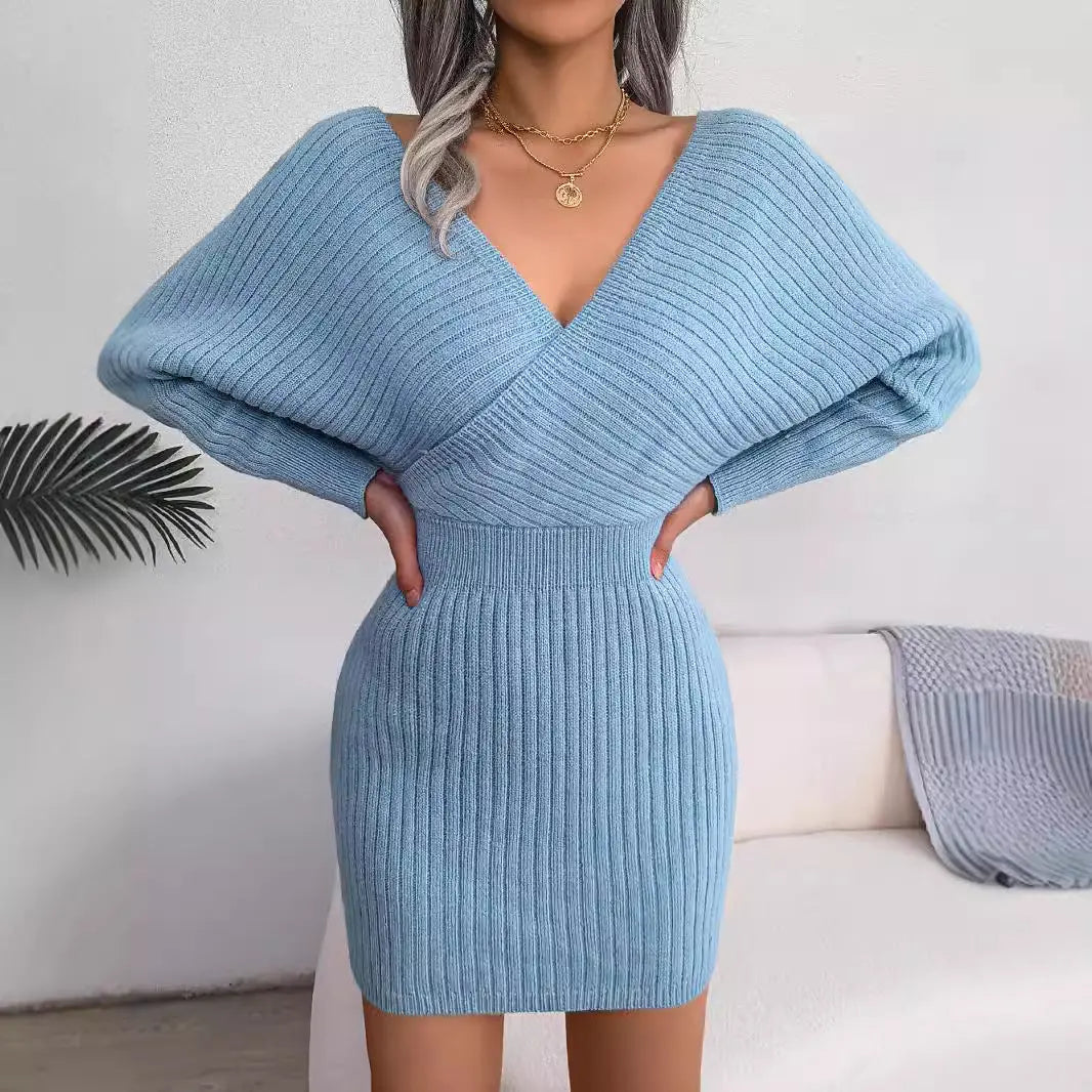 V-neck bat bag buttocks sweater dress - SMSB 66