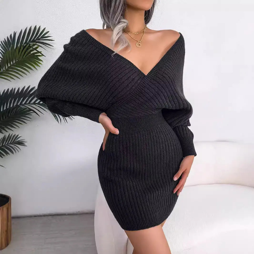 V-neck bat bag buttocks sweater dress - SMSB 66