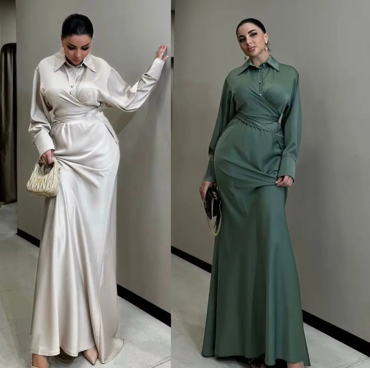 Vêtements musulmans mode nouvelle européenne et américaine femmes couleur unie revers taille minceur longue élégante Abayas robe SMSB 66