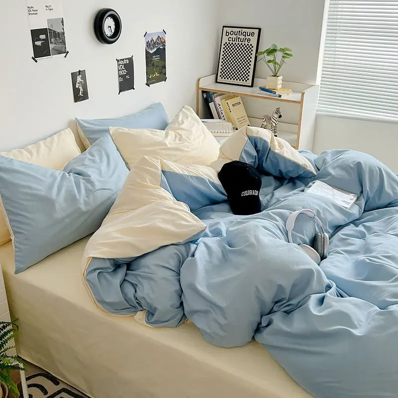 Washed Cotton Solid Color Double Spliced Four-Piece Bedding Set - Sheet, Quilt Cover, Pillowcases for Employee and Dormitory Use - SMSB 66