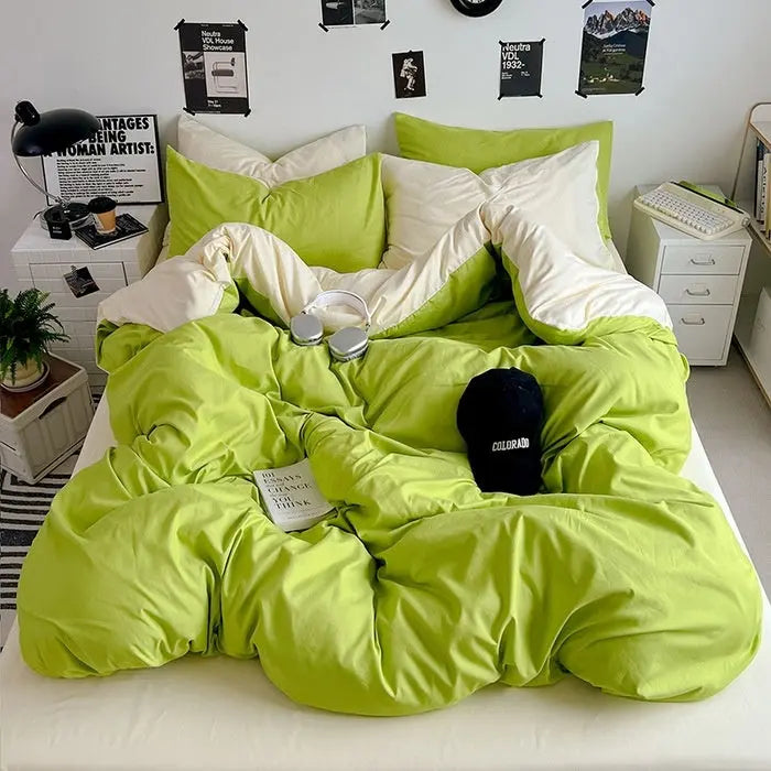 Washed Cotton Solid Color Double Spliced Four-Piece Bedding Set - Sheet, Quilt Cover, Pillowcases for Employee and Dormitory Use - SMSB 66