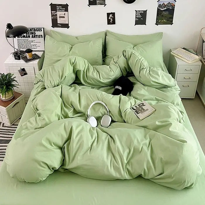 Washed Cotton Solid Color Double Spliced Four-Piece Bedding Set - Sheet, Quilt Cover, Pillowcases for Employee and Dormitory Use - SMSB 66