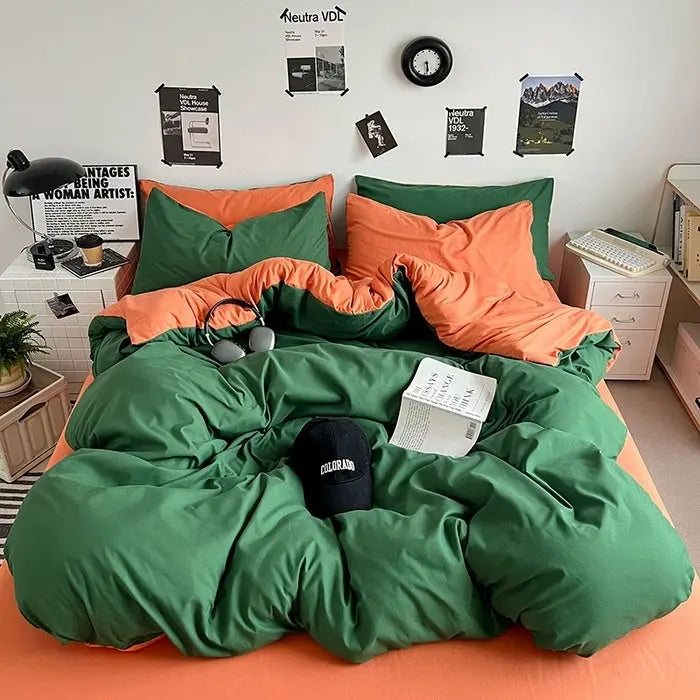 Washed Cotton Solid Color Double Spliced Four-Piece Bedding Set - Sheet, Quilt Cover, Pillowcases for Employee and Dormitory Use - SMSB 66