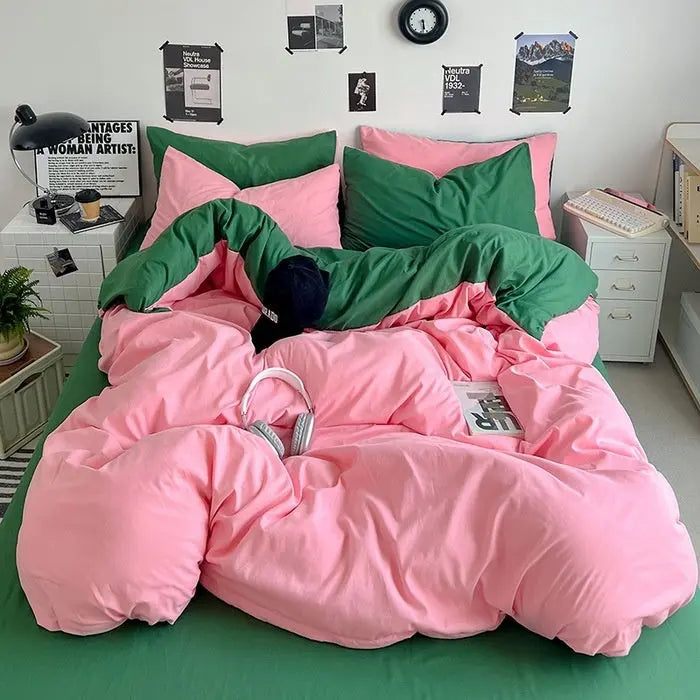 Washed Cotton Solid Color Double Spliced Four-Piece Bedding Set - Sheet, Quilt Cover, Pillowcases for Employee and Dormitory Use - SMSB 66