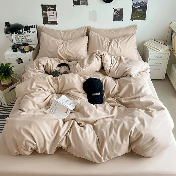 Washed Cotton Solid Color Double Spliced Four-Piece Bedding Set - Sheet, Quilt Cover, Pillowcases for Employee and Dormitory Use - SMSB 66