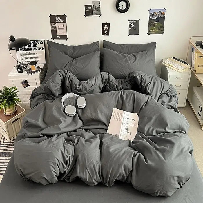 Washed Cotton Solid Color Double Spliced Four-Piece Bedding Set - Sheet, Quilt Cover, Pillowcases for Employee and Dormitory Use - SMSB 66