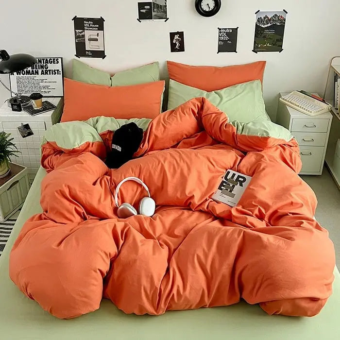 Washed Cotton Solid Color Double Spliced Four-Piece Bedding Set - Sheet, Quilt Cover, Pillowcases for Employee and Dormitory Use - SMSB 66