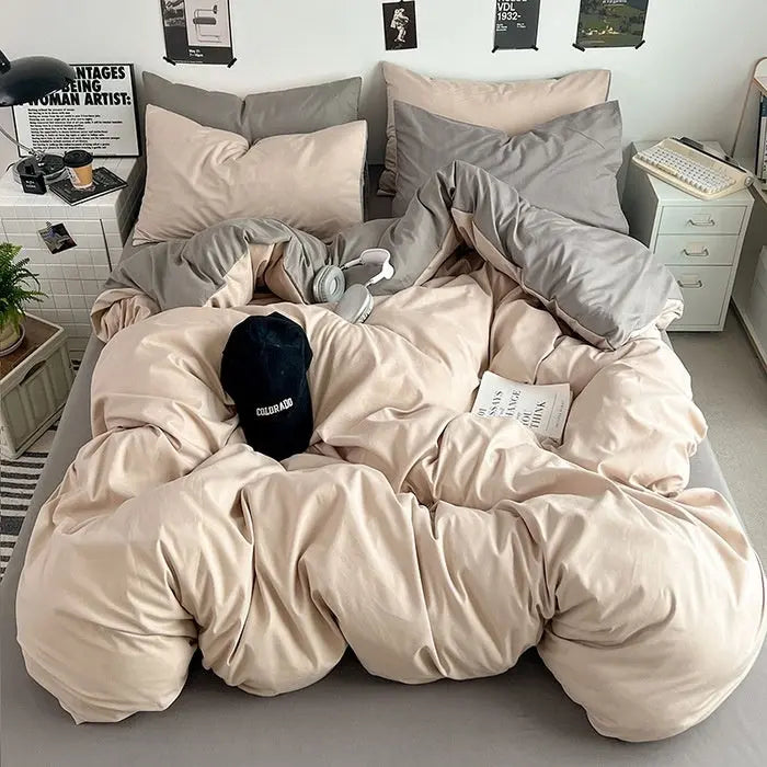 Washed Cotton Solid Color Double Spliced Four-Piece Bedding Set - Sheet, Quilt Cover, Pillowcases for Employee and Dormitory Use - SMSB 66