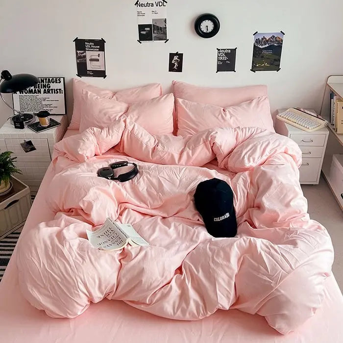 Washed Cotton Solid Color Double Spliced Four-Piece Bedding Set - Sheet, Quilt Cover, Pillowcases for Employee and Dormitory Use - SMSB 66