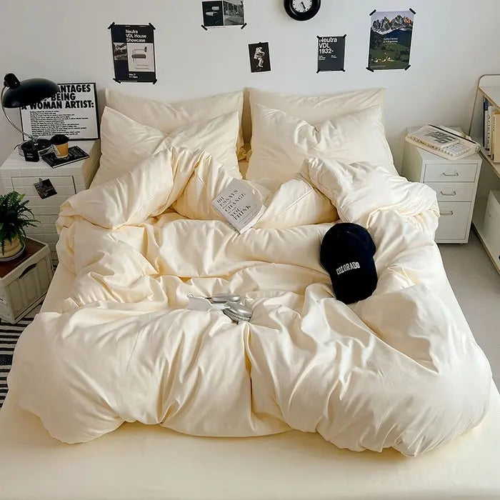 Washed Cotton Solid Color Double Spliced Four-Piece Bedding Set - Sheet, Quilt Cover, Pillowcases for Employee and Dormitory Use - SMSB 66