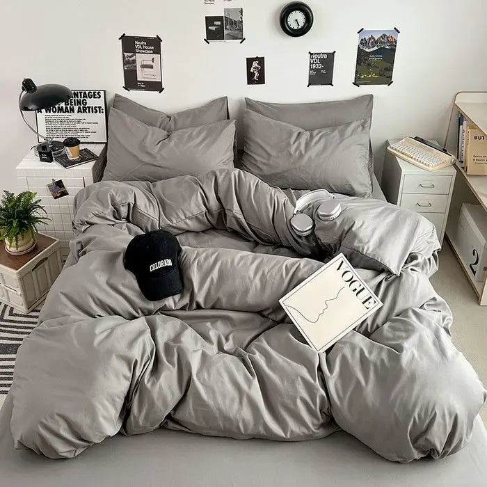 Washed Cotton Solid Color Double Spliced Four-Piece Bedding Set - Sheet, Quilt Cover, Pillowcases for Employee and Dormitory Use - SMSB 66