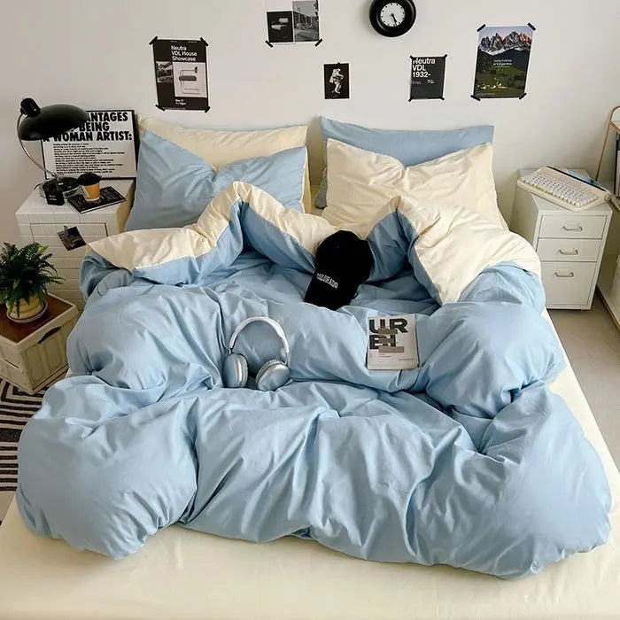 Washed Cotton Solid Color Double Spliced Four-Piece Bedding Set - Sheet, Quilt Cover, Pillowcases for Employee and Dormitory Use - SMSB 66