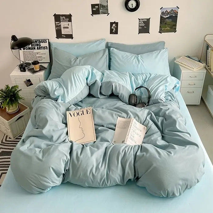 Washed Cotton Solid Color Double Spliced Four-Piece Bedding Set - Sheet, Quilt Cover, Pillowcases for Employee and Dormitory Use - SMSB 66