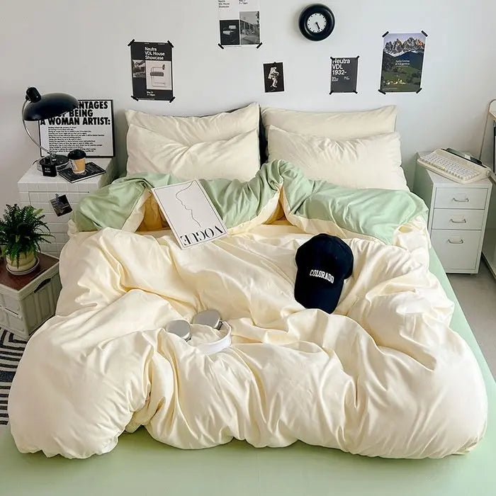 Washed Cotton Solid Color Double Spliced Four-Piece Bedding Set - Sheet, Quilt Cover, Pillowcases for Employee and Dormitory Use - SMSB 66