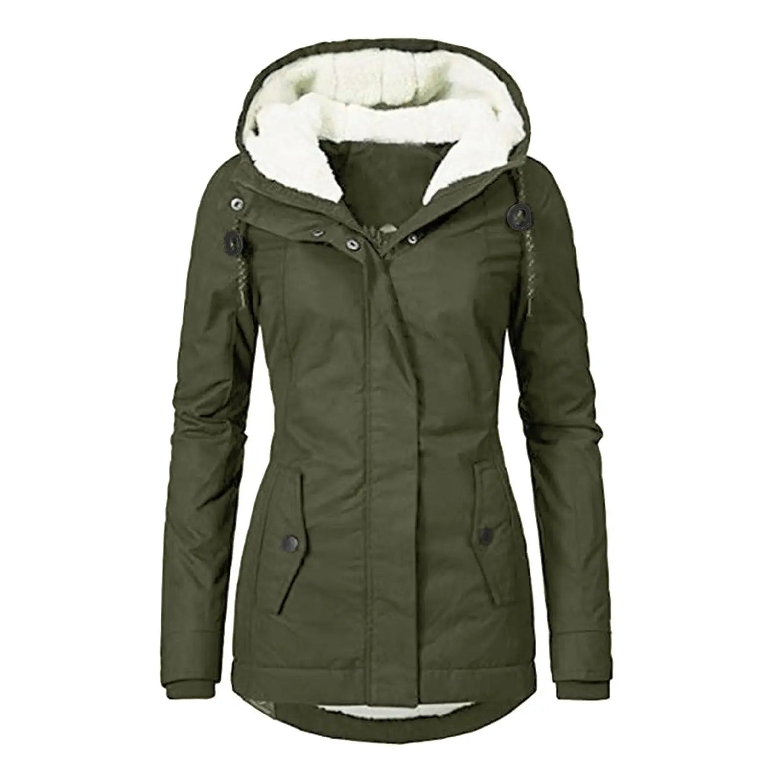 Winter Hooded Jacket Solid Color Warm Buckle Zip-up Fleece Jacket With Pockets Women's Casual Jacket - SMSB 66