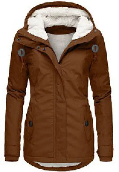 Winter Hooded Jacket Solid Color Warm Buckle Zip-up Fleece Jacket With Pockets Women's Casual Jacket - SMSB 66