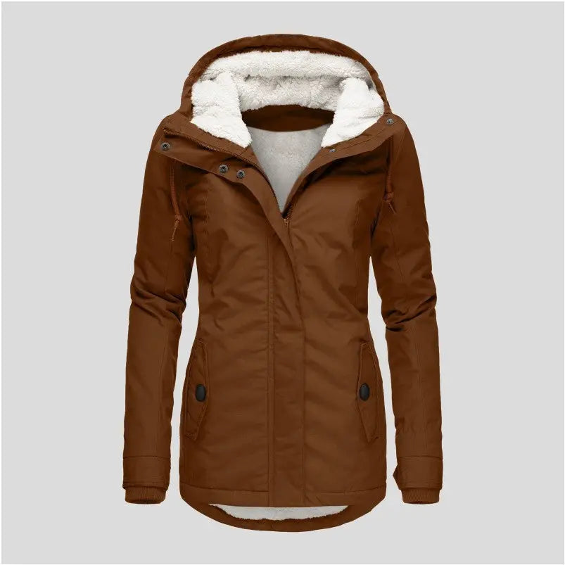 Winter Hooded Jacket Solid Color Warm Buckle Zip-up Fleece Jacket With Pockets Women's Casual Jacket - SMSB 66