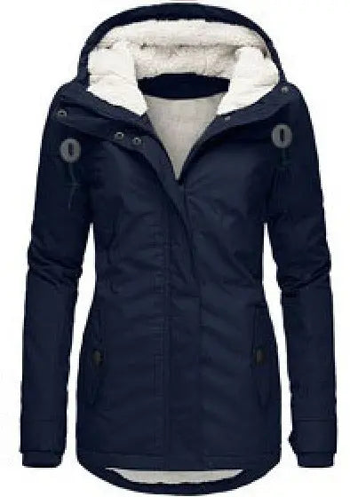 Winter Hooded Jacket Solid Color Warm Buckle Zip-up Fleece Jacket With Pockets Women's Casual Jacket - SMSB 66