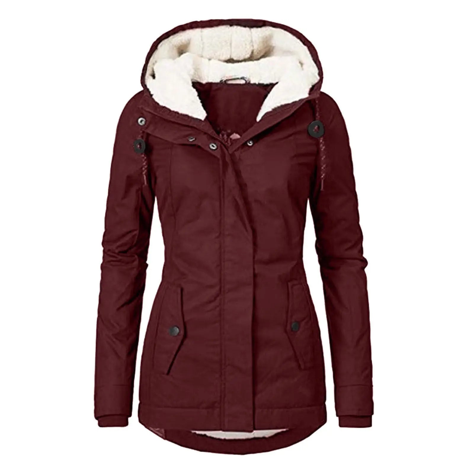 Winter Hooded Jacket Solid Color Warm Buckle Zip-up Fleece Jacket With Pockets Women's Casual Jacket - SMSB 66