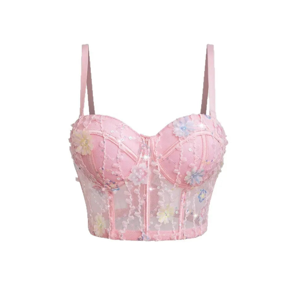 Women's Bra Set Ultra-thin Mesh Fishbone Steel Ring Gathered Embroidered Underwear - SMSB 66