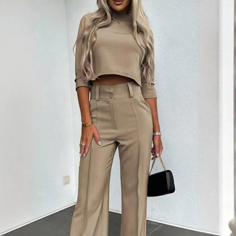 Women's Elegant Solid Color Half Sleeve Short Top With Straight Leg Pants Two-Piece Office Wear Suit With Pockets - SMSB 66
