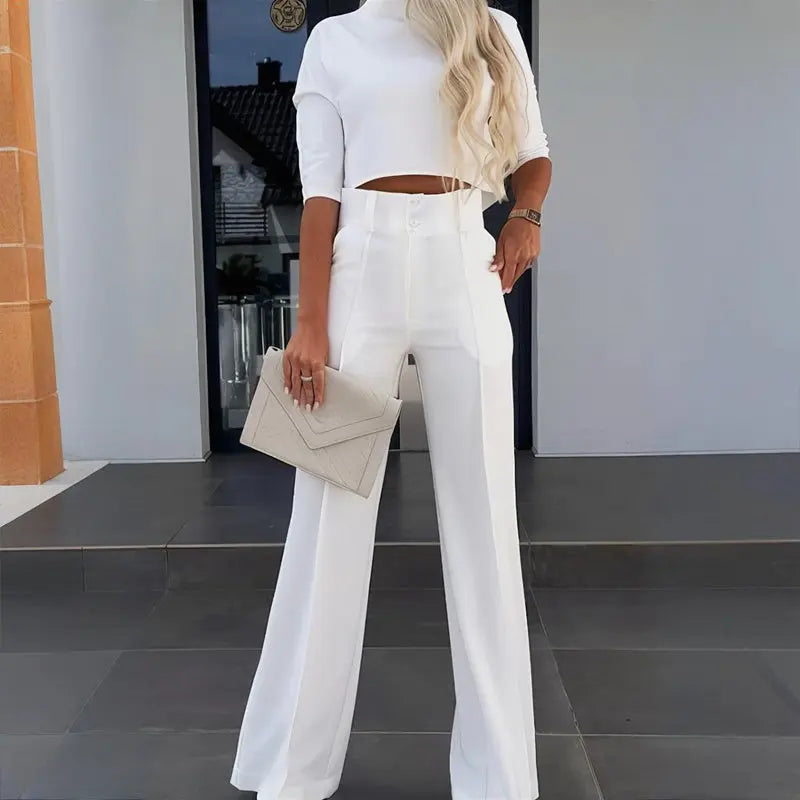 Women's Elegant Solid Color Half Sleeve Short Top With Straight Leg Pants Two-Piece Office Wear Suit With Pockets - SMSB 66