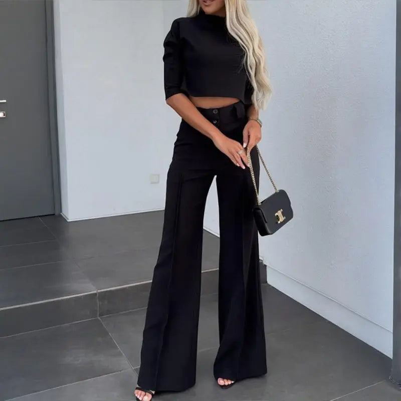 Women's Elegant Solid Color Half Sleeve Short Top With Straight Leg Pants Two-Piece Office Wear Suit With Pockets - SMSB 66